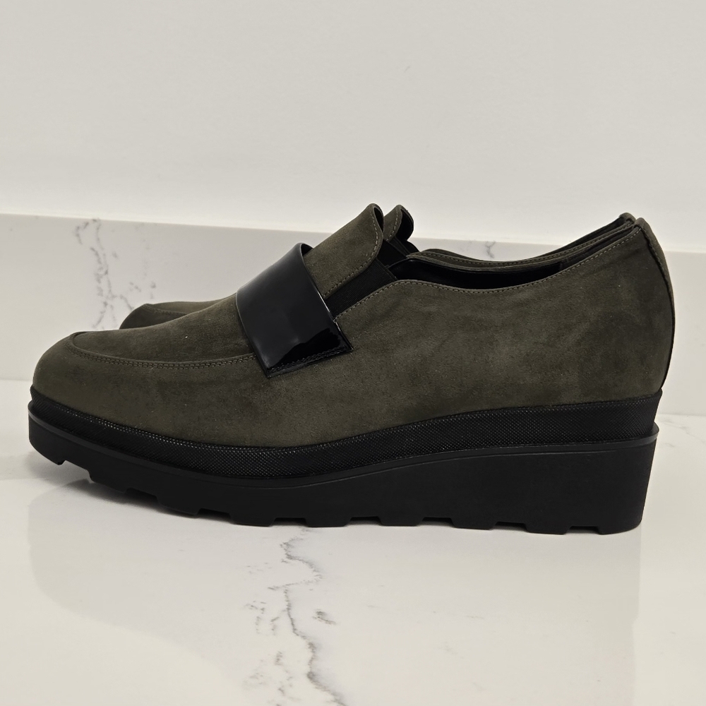Women’s Olive Suede Slip-On Loafer with Glossy Black Strap